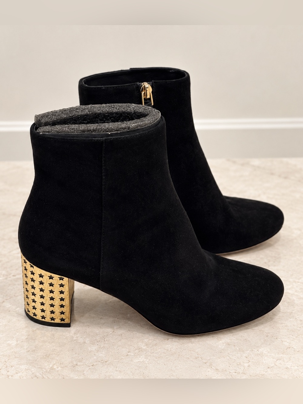Tory Burch Olympia 70mm Kid Suede Bootie Black Size 7 Gold star heel